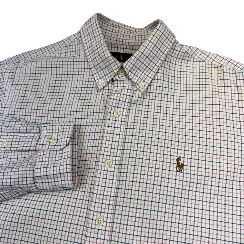 Ralph Lauren Shirt Mens Large Pink Blue Plaid Check Button Down Cotton Oxford